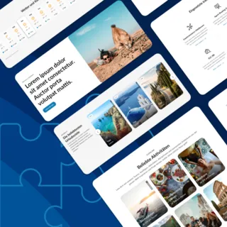 Modernes Screenshot-Mockup der Travelcom WEB Plattform: Eine intuitive, mehrsprachige Reisebuchungsoberfläche mit inspirierenden Reisezielen, Wetterinformationen, beliebten Urlaubsaktivitäten und einer klaren, benutzerfreundlichen Navigation – alles in einem eleganten blau-weißen Design.