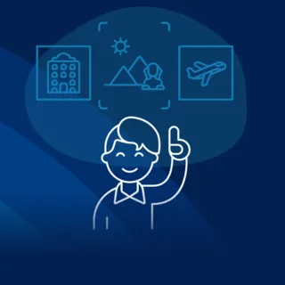 Illustration einer Person mit erhobenem Zeigefinger vor drei Reise-Icons – Hotel, Sehenswürdigkeit und Flugzeug – Symbol für Reiseveranstalter, die touristische Produkte gezielt zusammenstellen und vermarkten.