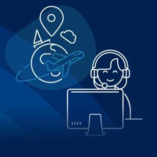 Illustration einer Person mit Headset am Computer, umgeben von Reise-Icons – Globus, Flugzeug, Standortpin und Wolke – Symbol für Online-Reisebüros, die digitale Buchungen und Kundenbetreuung zentral verwalten.