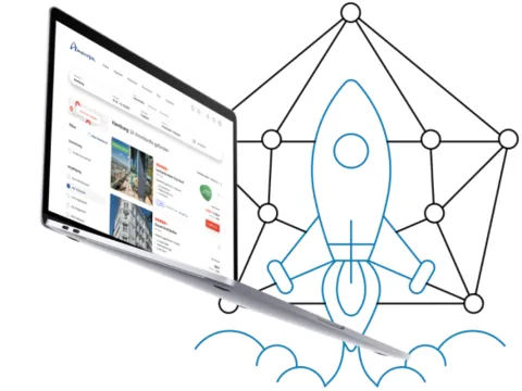 Ein Laptop auf dem die Buchungsstrecke geöffnet ist und eine abstrakte Illustration mit einem Raumschiff