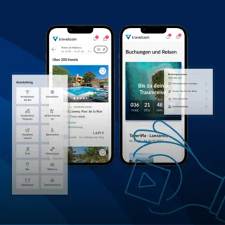 Travelcom App auf zwei Smartphones: Links die Hotelsuche mit Ausstattungsfiltern (WLAN, Pool, Wellness u.v.m.) und Hotelbewertungen, rechts die persönliche Reiseverwaltung mit Countdown zur nächsten Reise, Buchungsdetails und Reisedokumenten – alles in einer App.