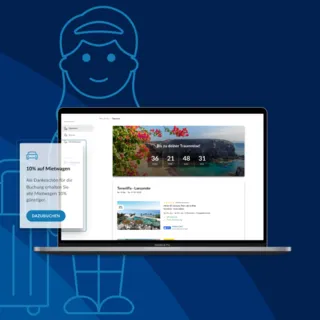 Travelcom AREA auf einem Laptop: Das persönliche Kundenportal zeigt einen Reise-Countdown zur Traumreise nach Teneriffa-Lanzarote, Buchungsdetails sowie personalisierte Zusatzangebote – hier ein 10 % Rabatt auf Mietwagen. Im Hintergrund eine illustrierte Reisenden-Figur als Symbol für das individuelle Kundenerlebnis.