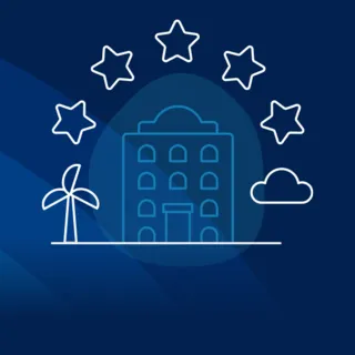 Illustration eines Hotels mit fünf Sternen, Palme und Wolke – Symbol für die Hospitality-Branche.